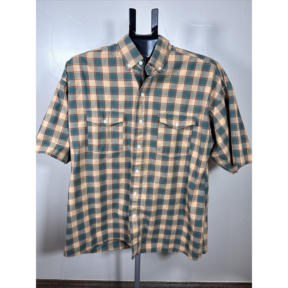 VTG Panhandle Slim‎ Short Sleeve Western Shirt Mens LT Green Plaid